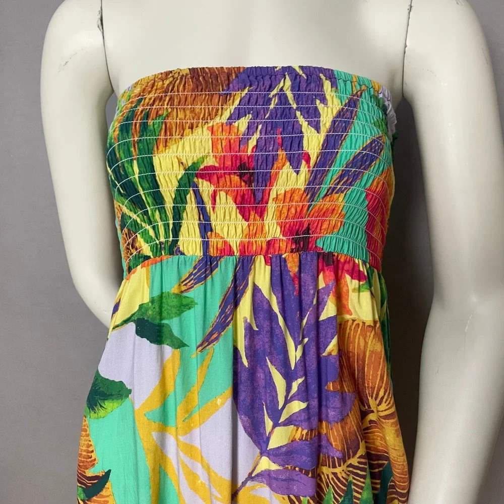 Hula Moon by Jams World Strapless Mini Dress Hawaiian Floral Smocked Medium